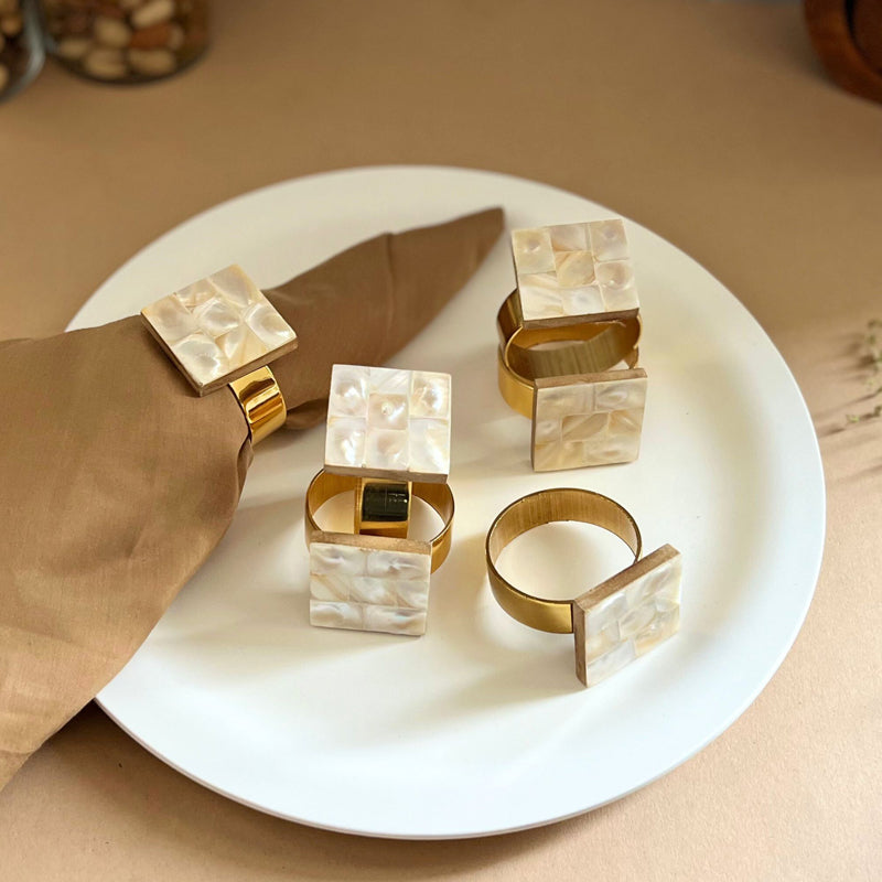 Napkin Ring - Asher Square Handcrafted Mother Of Pearl Napkin Ring - Set Of Six