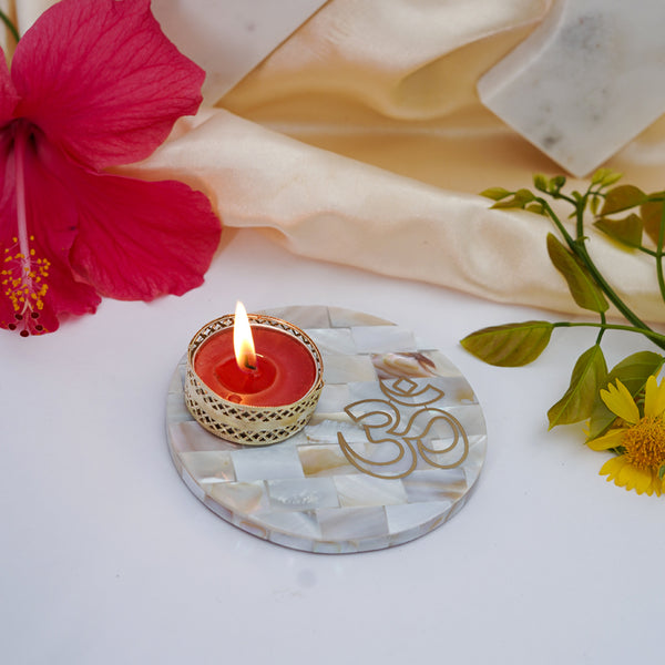 Buy Om Mother Of Pearl Tealight Candle Holder With Marble Base Candle Holders from Vaaree