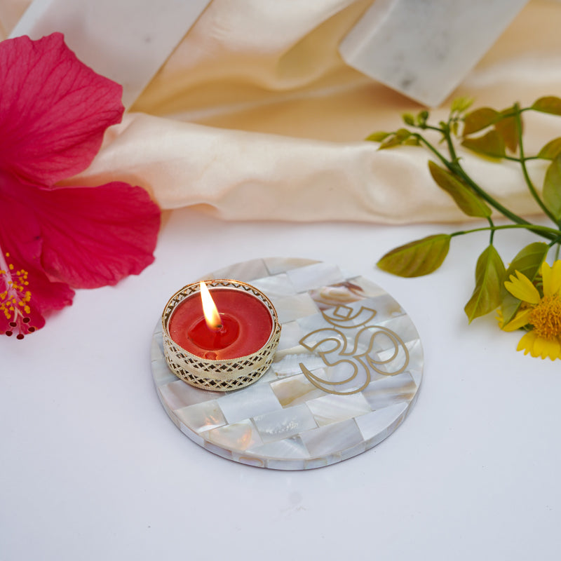 Buy Om Mother Of Pearl Tealight Candle Holder With Marble Base Candle Holders from Vaaree