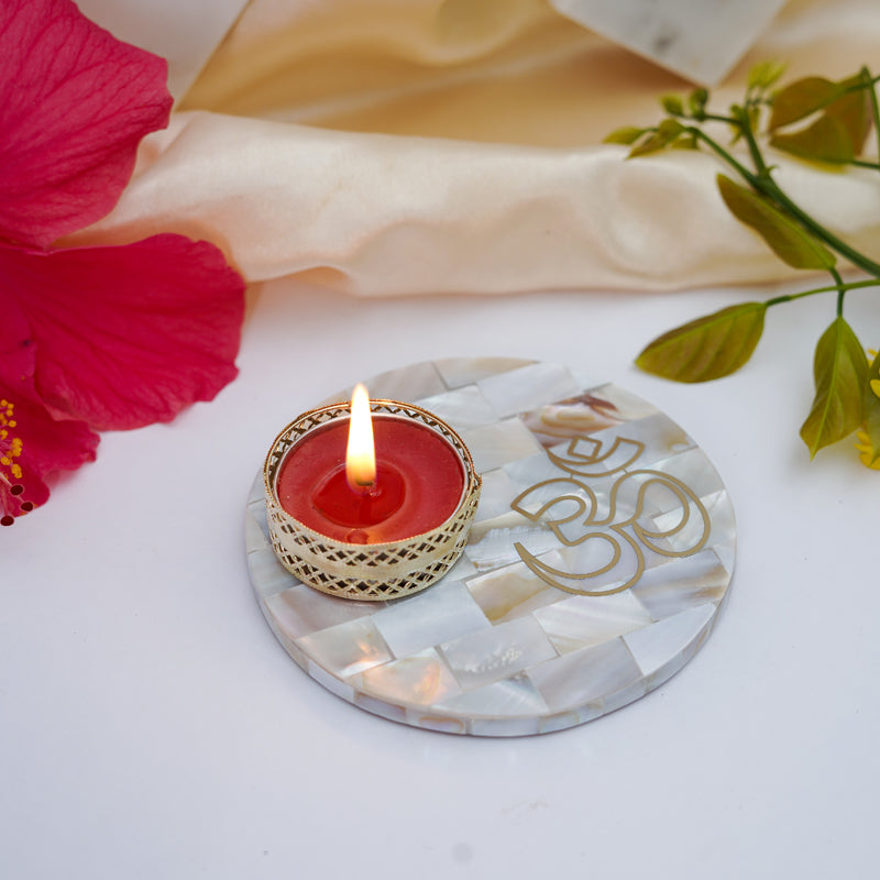 Buy Om Mother Of Pearl Tealight Candle Holder With Marble Base Candle Holders from Vaaree