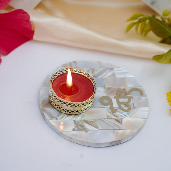 Buy In Onkar Mother Of Pearl Tealight Candle Holder With Marble Base Candle Holders from Vaaree