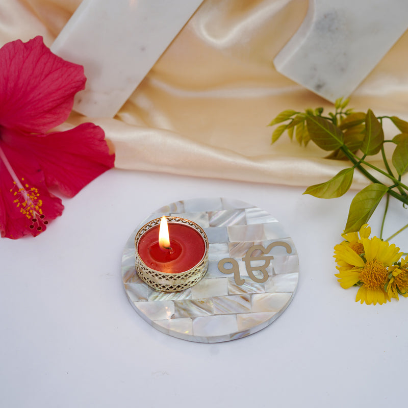 Buy In Onkar Mother Of Pearl Tealight Candle Holder With Marble Base Candle Holders from Vaaree