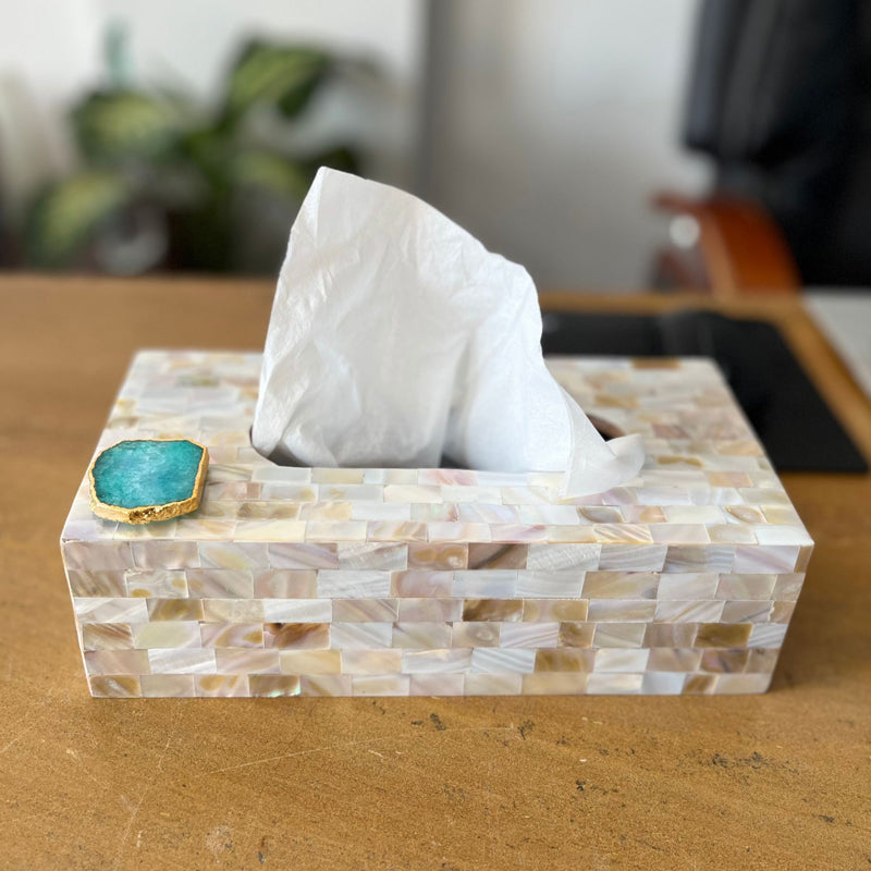 Tissue Holder - Suzzaine Handcrafted Mother Of Pearl & Agate Tissue Box - Green & Beige