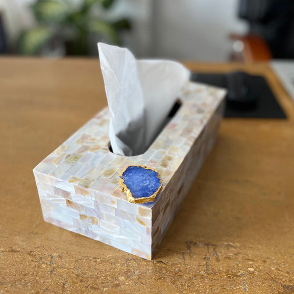 Suzzaine Handcrafted Mother Of Pearl & Agate Tissue Box - Blue & Beige