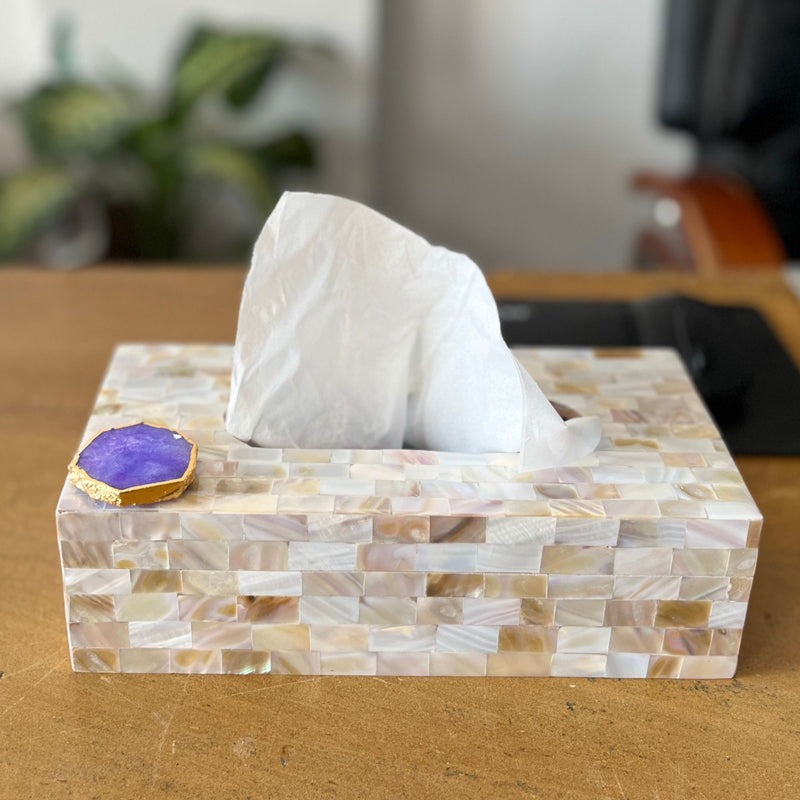 Tissue Holder - Suzzaine Handcrafted Mother Of Pearl & Agate Tissue Box - White & Beige