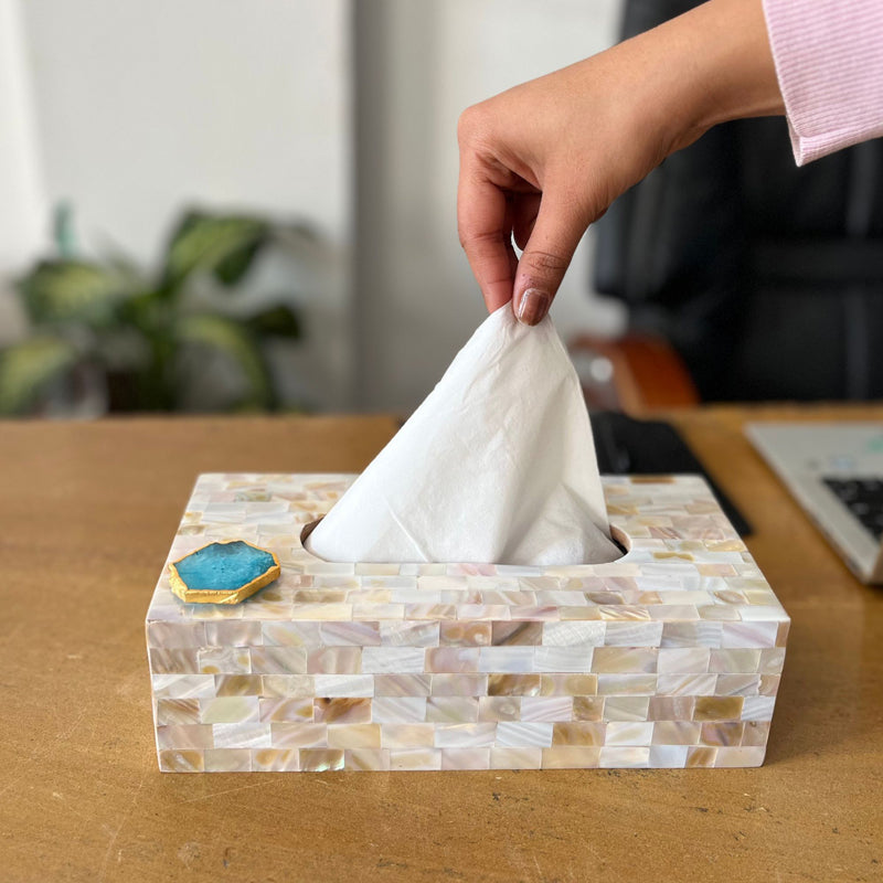Tissue Holder - Suzzaine Handcrafted Mother Of Pearl & Agate Tissue Box - Turquoise & Beige
