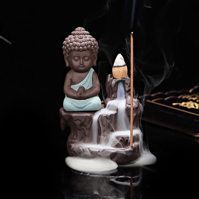 Showpieces - Baby Buddha Monk Smoke Fountain - Green & Brown