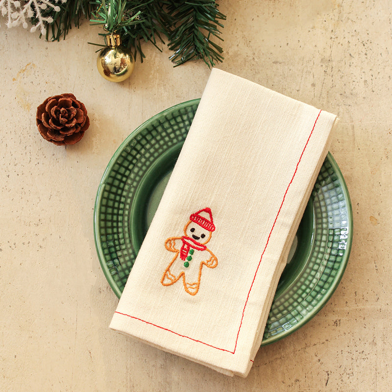 Table Napkin - Gingerbread Man Napkins (Off White) - Set Of Two