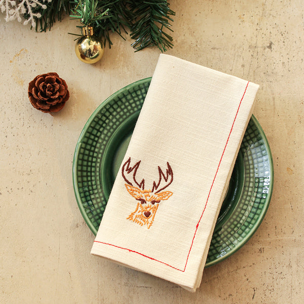 Table Napkin - Jolly Reindeer Napkins (Off White) - Set Of Two