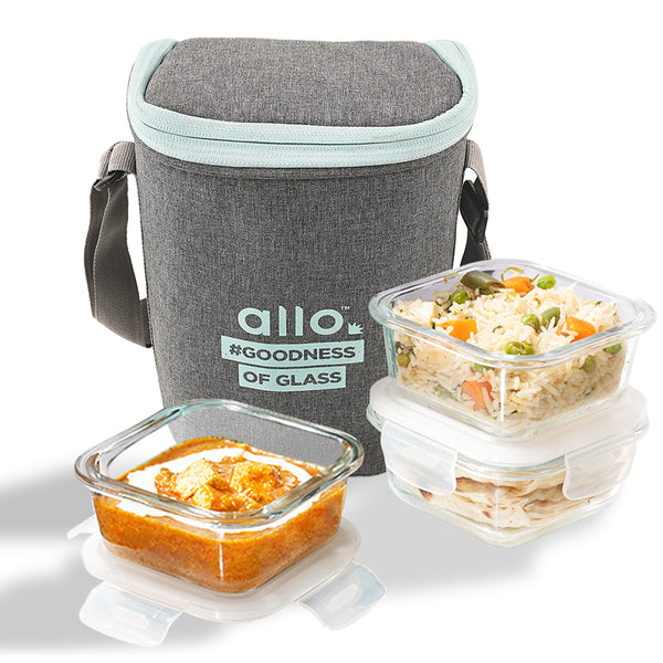 Tiffin Box & Storage Box - Oliva Square Glass Lunch Box With Grey Lunch Bag (320 ML) - Four Piece Set