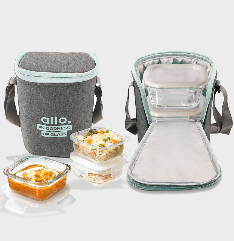 Tiffin Box & Storage Box - Oliva Square Glass Lunch Box With Grey Lunch Bag (320 ML) - Four Piece Set