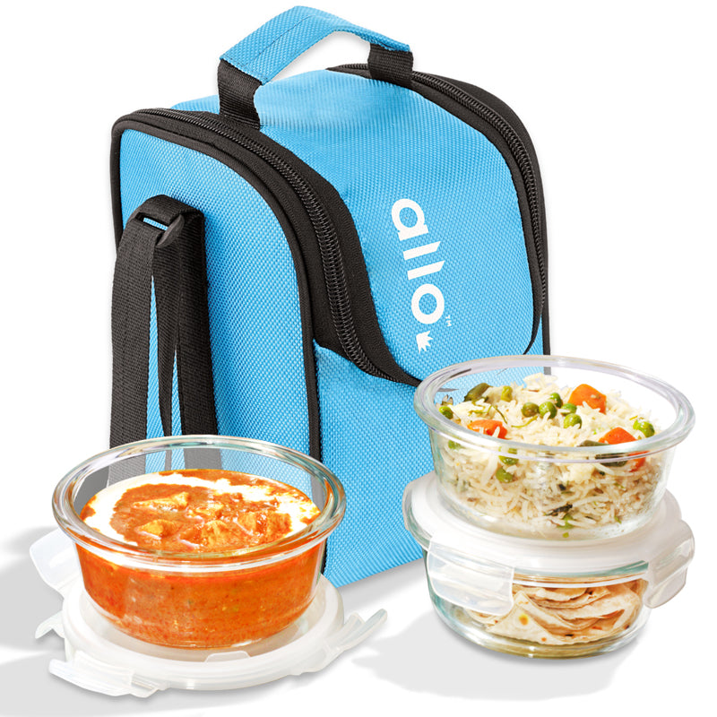 Tiffin Box & Storage Box - Oliva Round Glass Lunch Box With Blue Lunch Bag (400 ML) - Four Piece Set