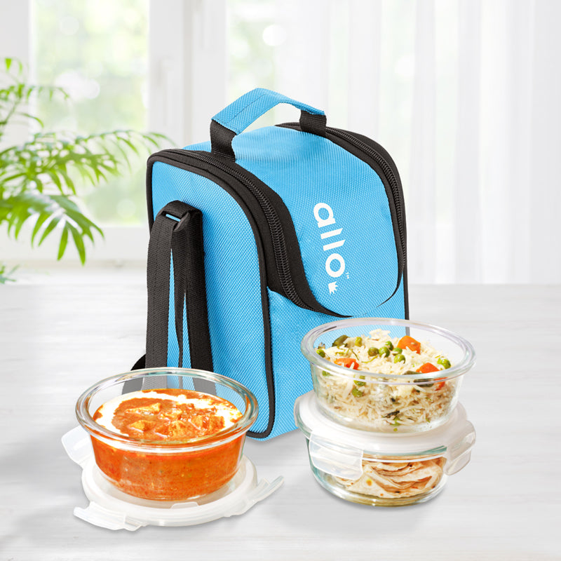 Tiffin Box & Storage Box - Oliva Round Glass Lunch Box With Blue Lunch Bag (400 ML) - Four Piece Set