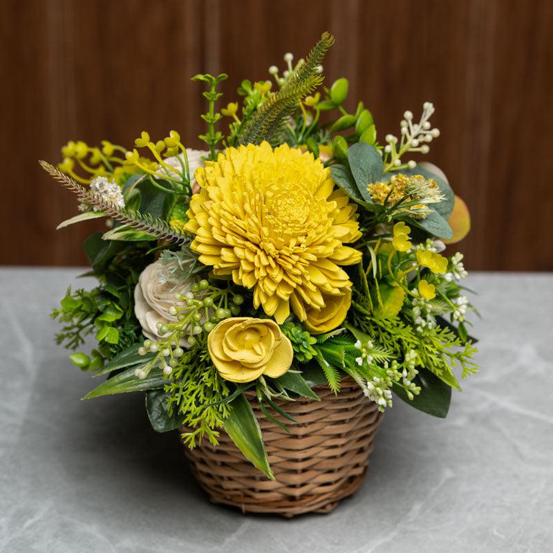 Buy Sunshine Yellow Solawood Floral Basket Artificial Flowers from Vaaree