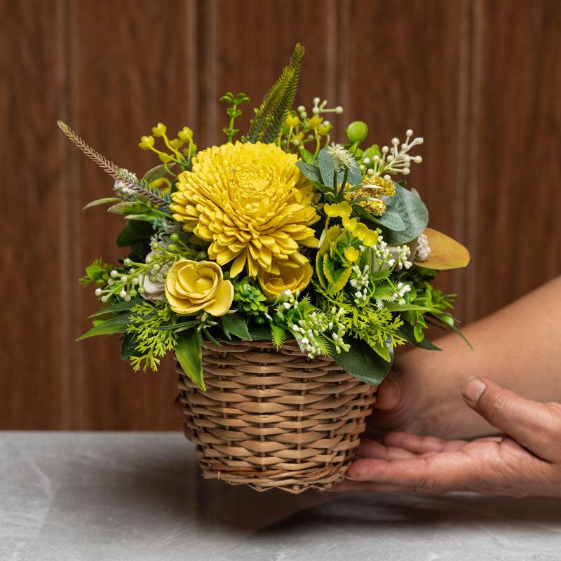 Buy Sunshine Yellow Solawood Floral Basket Artificial Flowers from Vaaree