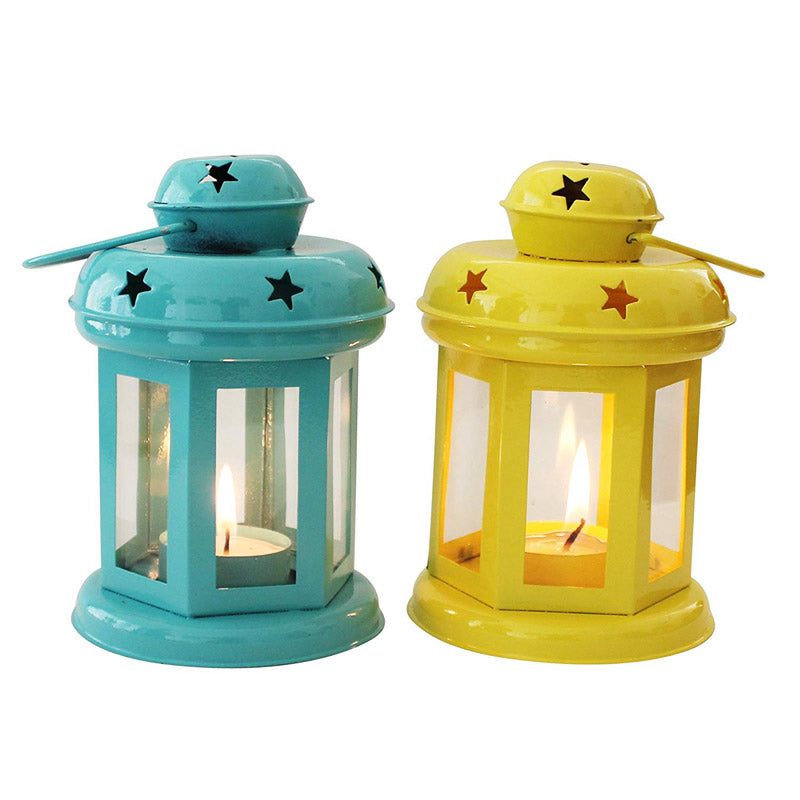 Buy Vaira Lantern Tealight Candle Holder (Aqua Blue & Yellow) - Set Of Two Candle Holders from Vaaree