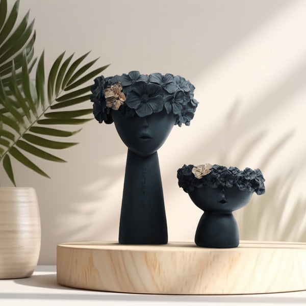Flora Sculpt Showpiece (Black) - Set Of Two