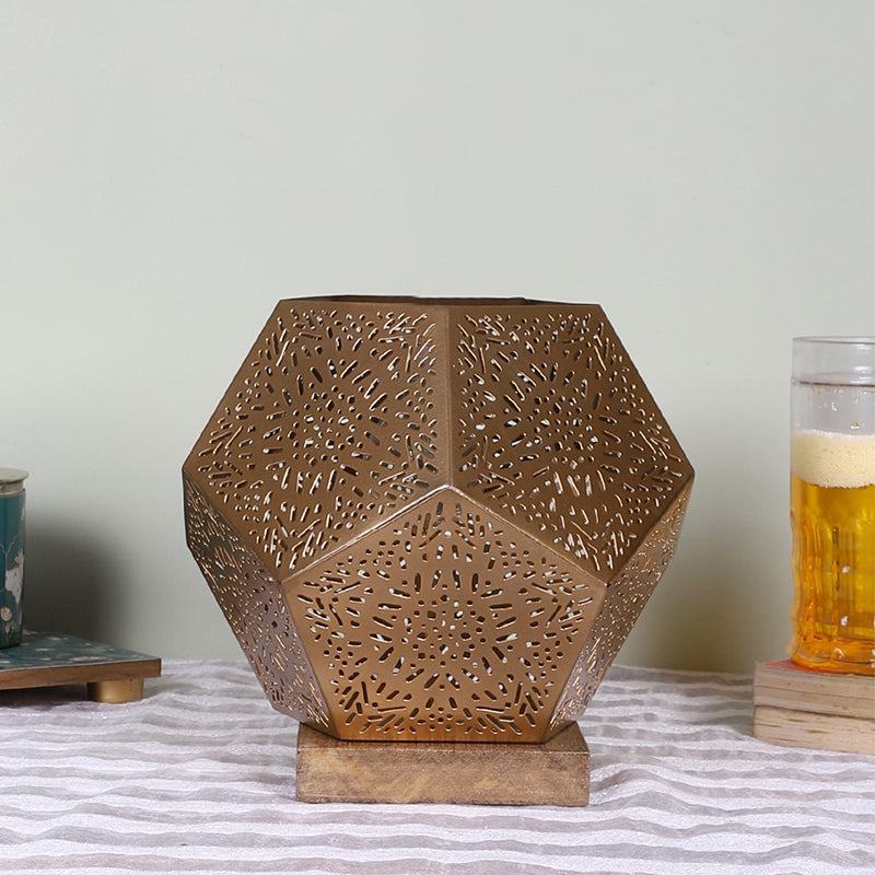 Table Lamp - Hexa Flora Etched Table Lamp With Wooden Base