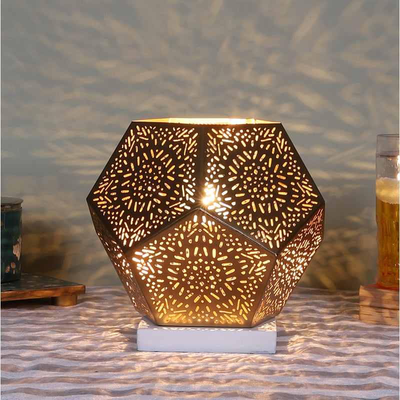 Table Lamp - Hexa Flora Etched Table Lamp With White Base