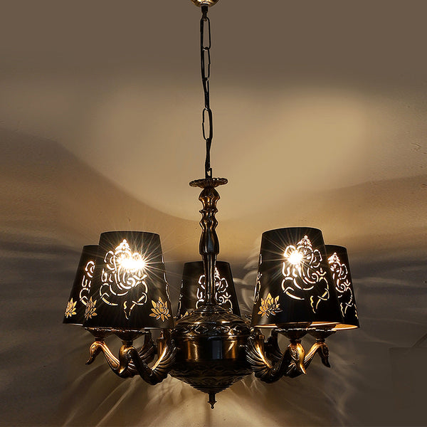 Ceiling Lamp - Ganesha Etched Mayoor Golden Antique Chandelier