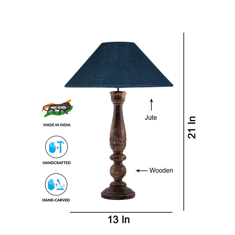 Table Lamp - Nihara Wooden Table Lamp With Jute Shade - Blue