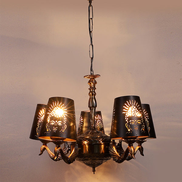 Buy Buddha Etched Mayoor Golden Antique Chandelier Ceiling Lamp from Vaaree