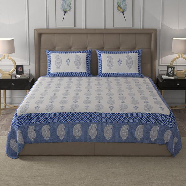 Buy Velu Ethnic Bedsheet - White & Blue Bedsheets from Vaaree