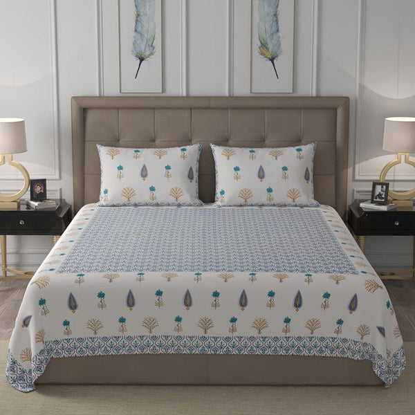 Bedsheets - Nithya Ethnic Bedsheet - White & Blue