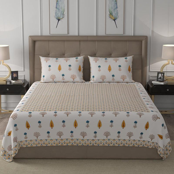 Bedsheets - Nithya Ethnic Bedsheet - White & Yellow