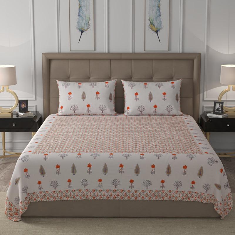 Bedsheets - Nithya Ethnic Bedsheet - White & Orange