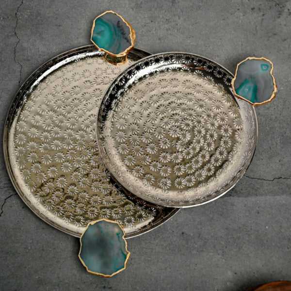 Platter - Samitha Aluminium Platter With Agate Decoration (Green) - Set Of Two