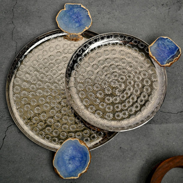 Platter - Samitha Aluminium Platter With Agate Decoration (Blue) - Set Of Two