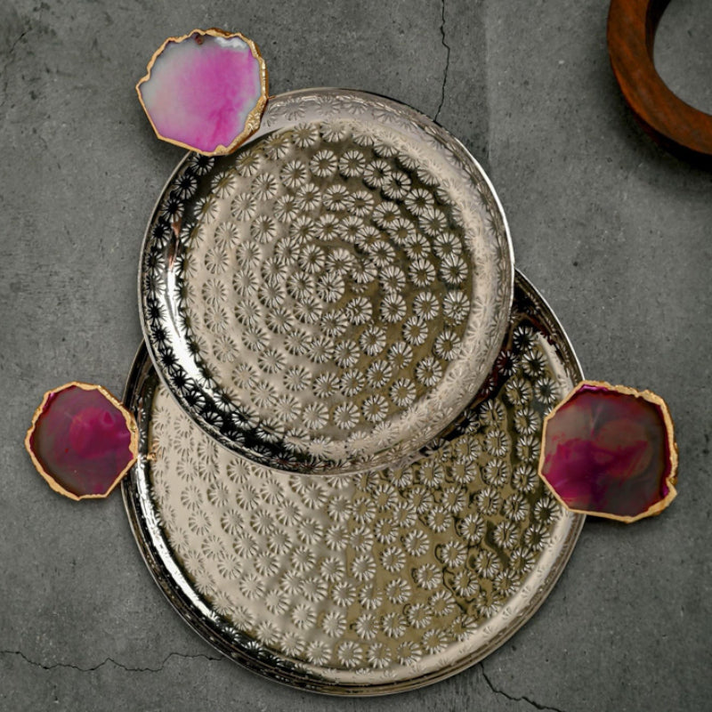 Platter - Samitha Aluminium Platter With Agate Decoration (Pink) - Set Of Two