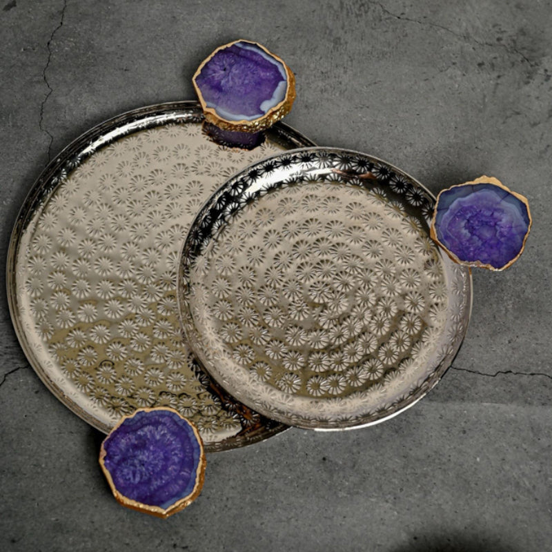 Platter - Samitha Aluminium Platter With Agate Decoration (Purple) - Set Of Two