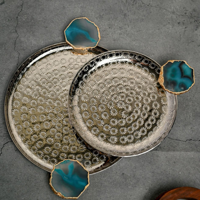 Platter - Samitha Aluminium Platter With Agate Decoration (Turquoise) - Set Of Two