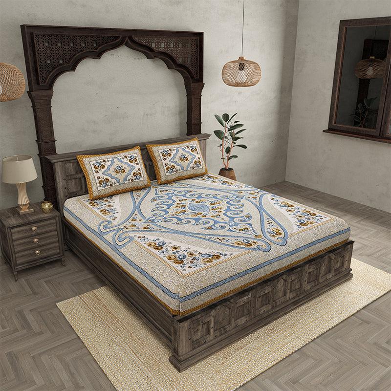 Buy Prapti Ethnic Bedsheet - Beige,Blue Bedsheets from Vaaree