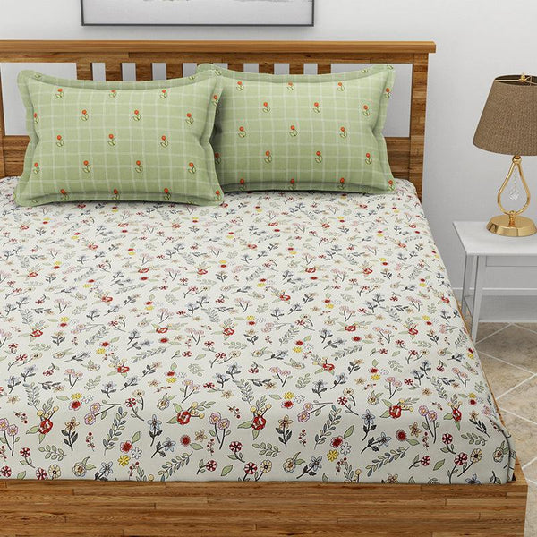 Bedsheets - Fleur Floral Bedsheet - White & Green