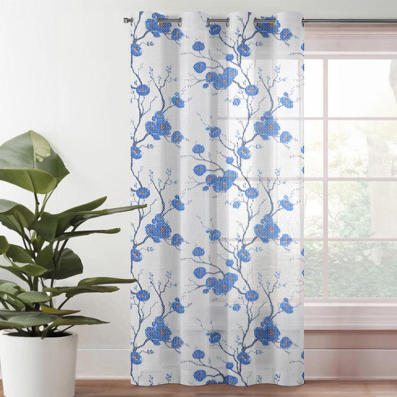 Buy Auze Floral Sheer Curtain - White & Blue Curtains from Vaaree