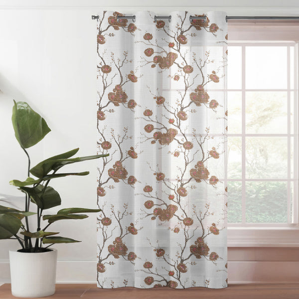 Curtains - Auze Floral Sheer Curtain - White & Brown