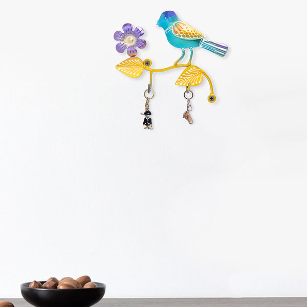 Wall Accents - Bird Bliss Handpainted Key Holder - Blue & Gold