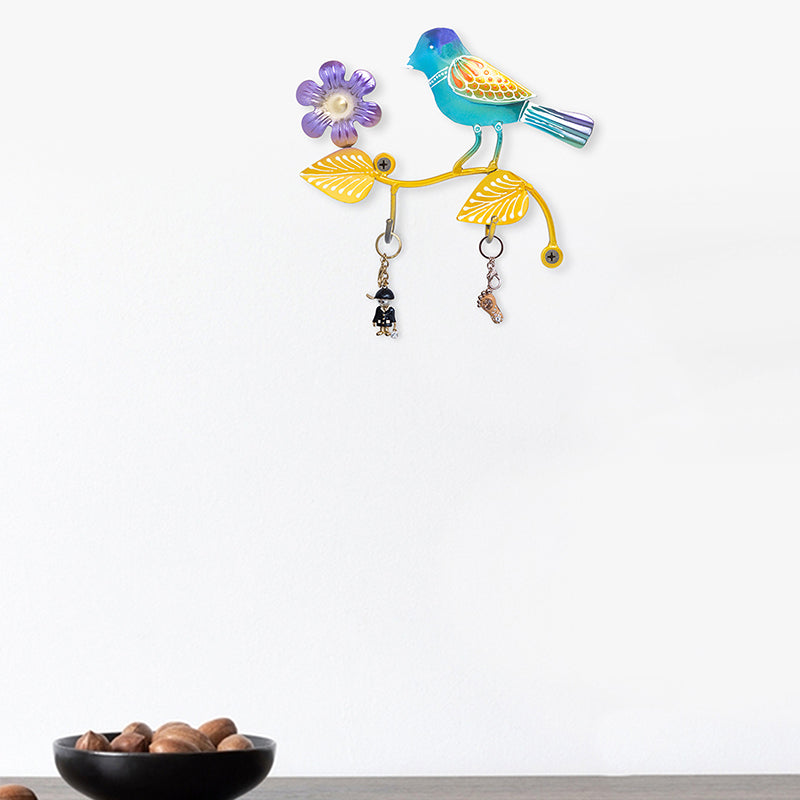 Buy Bird Bliss Handpainted Key Holder - Blue & Gold Hooks & Key Holders from Vaaree