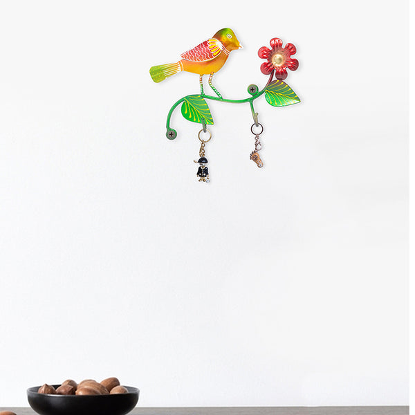 Wall Accents - Bird Bliss Handpainted Key Holder - Yellow & Green