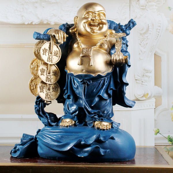 Showpieces - Abundance Mantra Laughing Buddha - Cobalt Blue & Gold