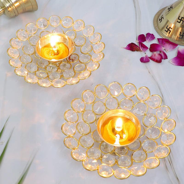 Jaali Crystal Brass Diya - Set Of Two