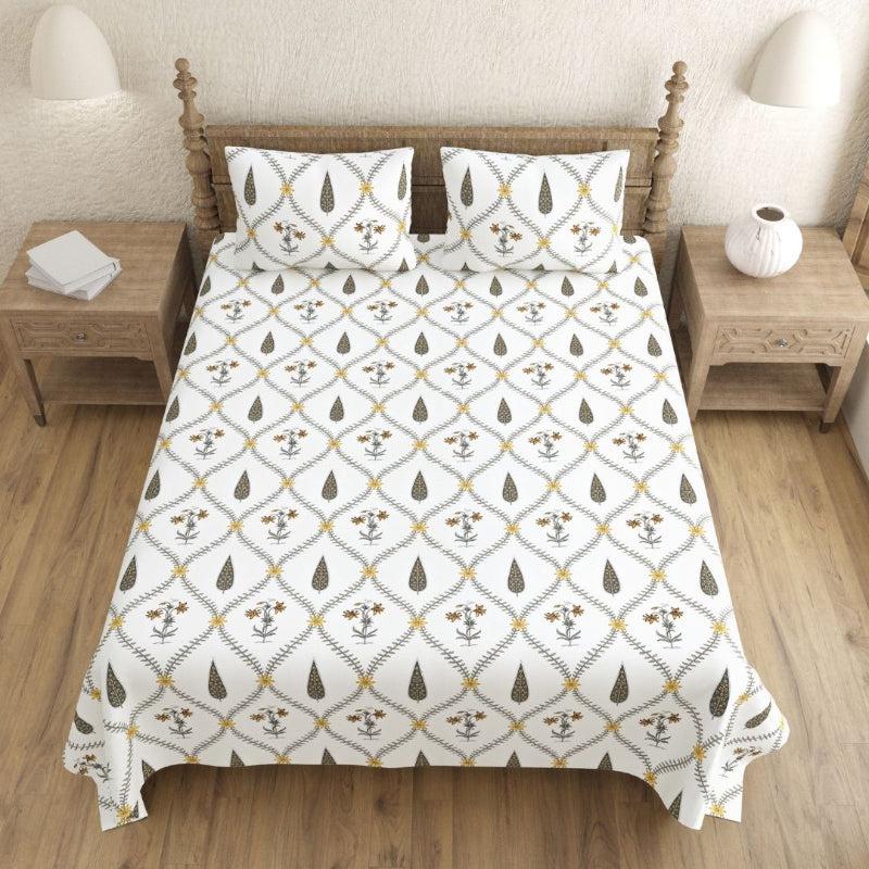 Buy Shlok Ethnic Bedsheet - White & Olive Green Bedsheets from Vaaree