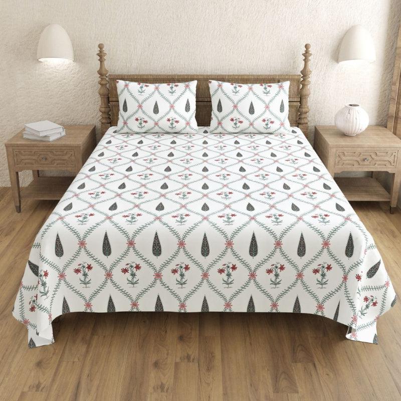 Bedsheets - Shlok Ethnic Bedsheet - White & Green