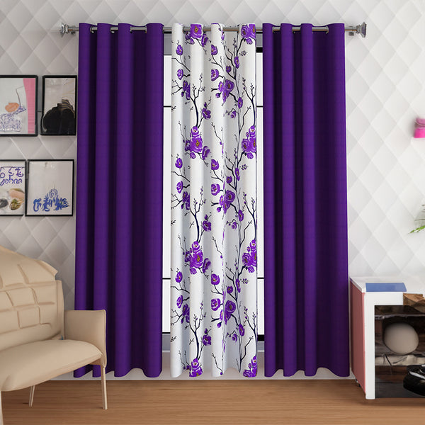 Helio Floral Curtain (Purple) - Set Of Three