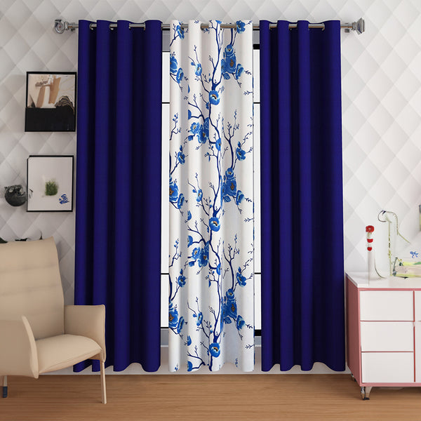 Helio Floral Curtain (Blue) - Set Of Three