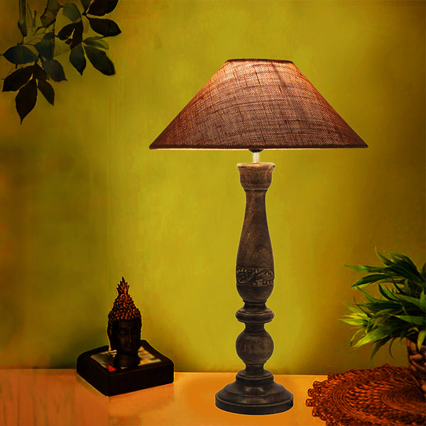 Table Lamp - Nihara Wooden Table Lamp With Jute Shade - Beige