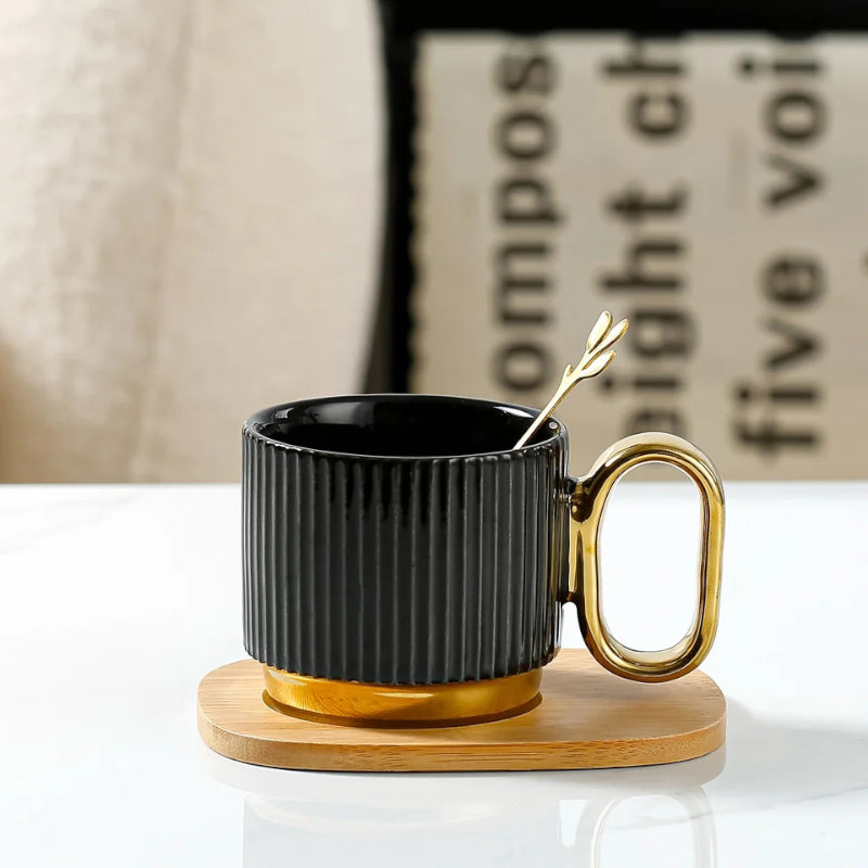 Tea Cup & Saucer - Aviva Chroma Black & Gold Cup (350 ML) - Three Piece Set